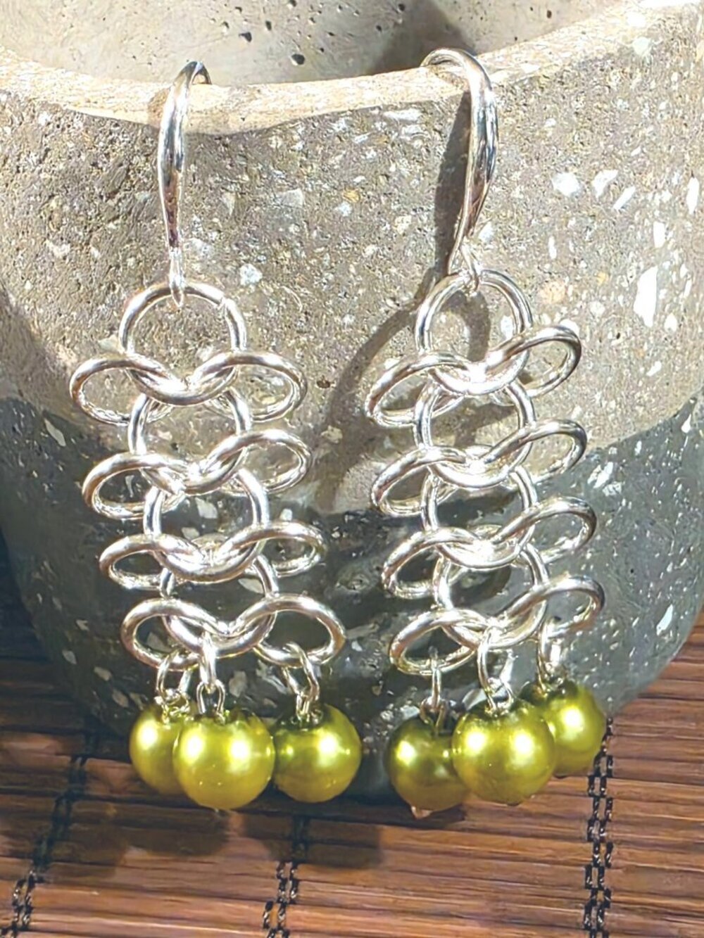 Edgy Lime Green Glass Pearls Sterling Silver Plated Chainmaille Earrings